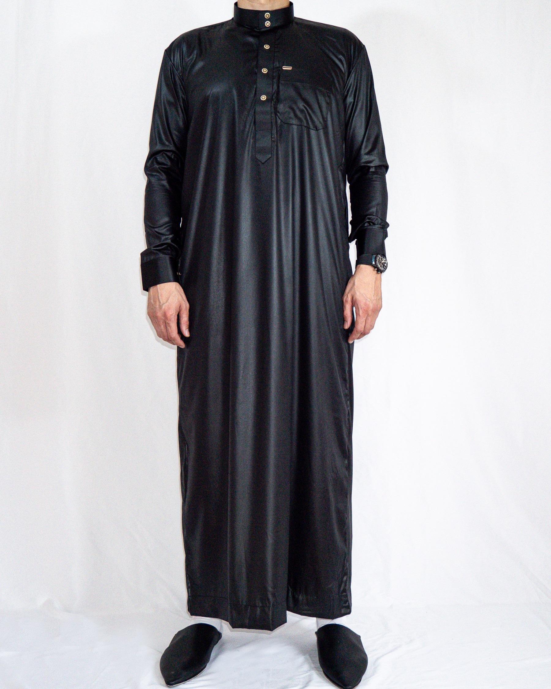 qamis saoudien noir satin avant