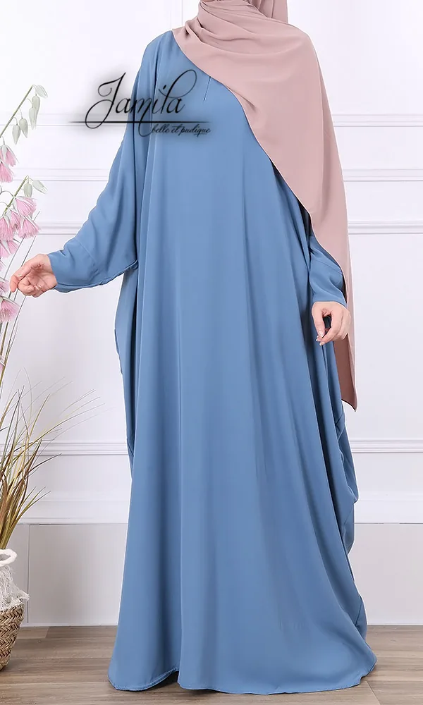Abaya Jamila manches papillon bleu pétrole