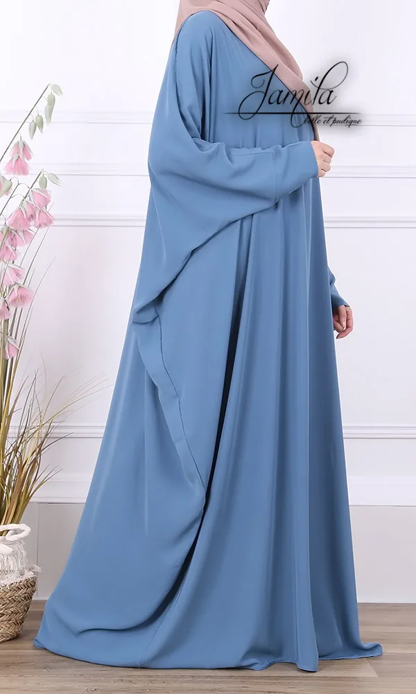 Abaya Jamila manches papillon bleu pétrole