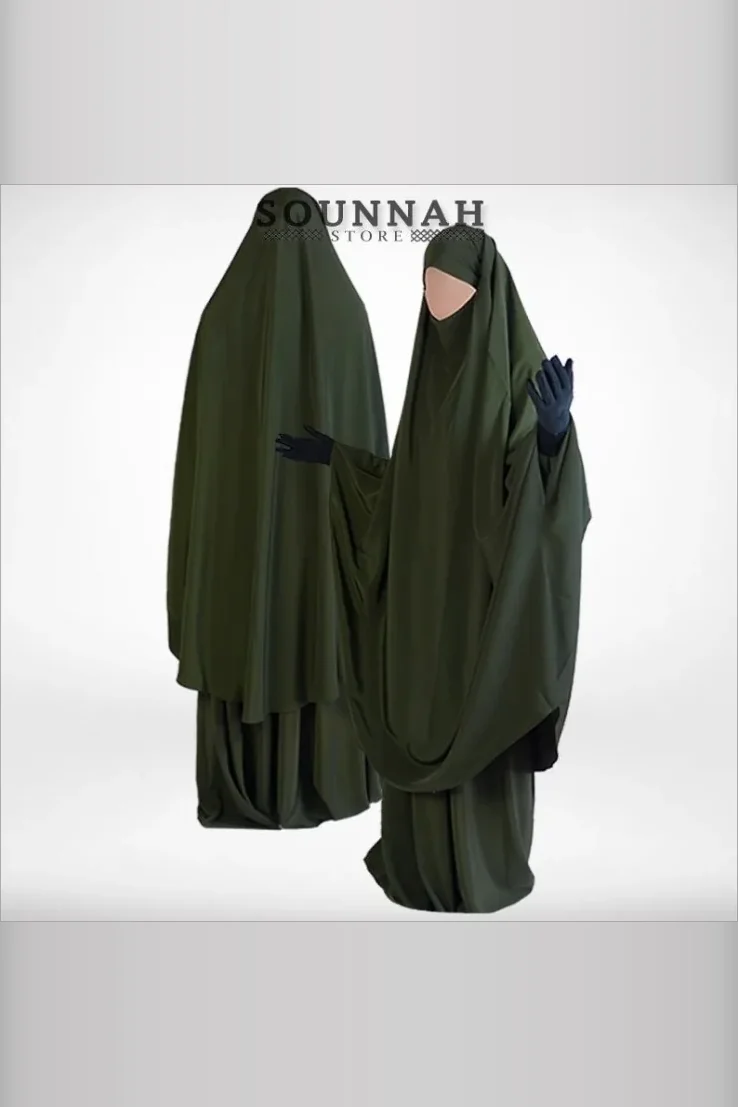 Jilbab/Jilbeb 2 pièces sarouel kaki foncé Al Manassik