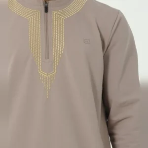 Qamis qabail brodé Sham taupe et or